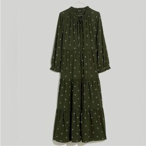 Madewell Green Tie Neck Tiered Midi Dress XXS